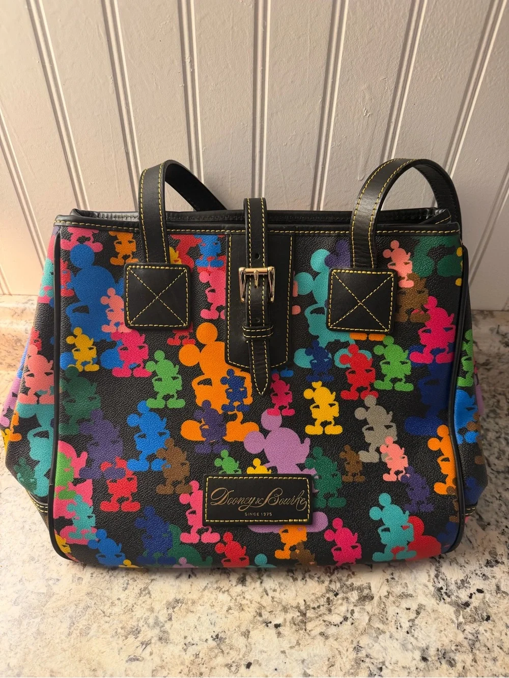 Disney Dooney & Bourke Black Multicolor Mickey Print Tote Purse Black Leather